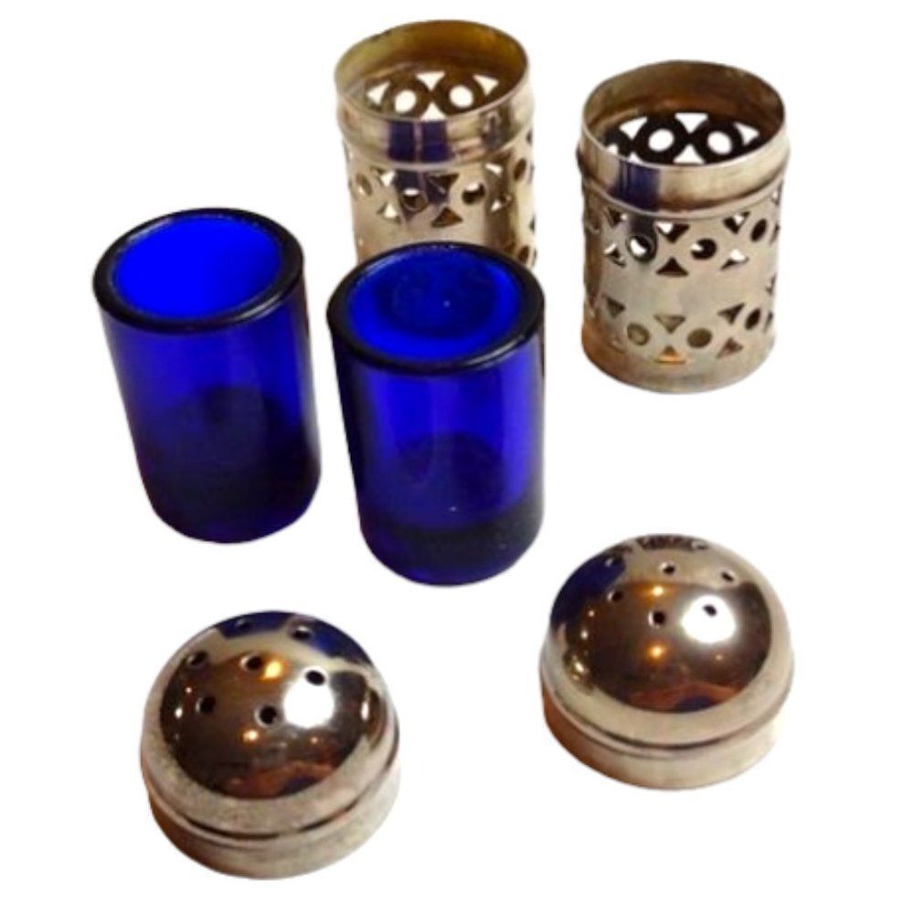 Vintage Mini Silver withCobalt Blue Glass Insert Salt &‎ Pepper Shakers Set of 2